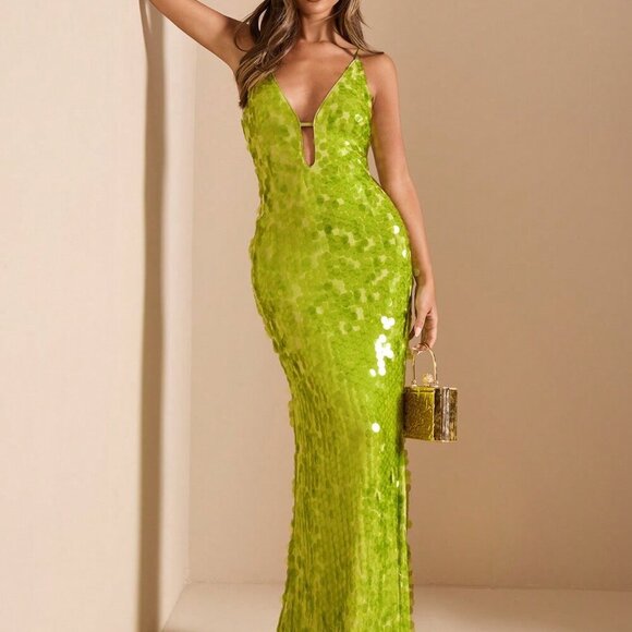 Green Party Women's Deep V-Neck Hollow Lace-Up Slim Fit Luxury Sequin Dress - Picture 1 of 7